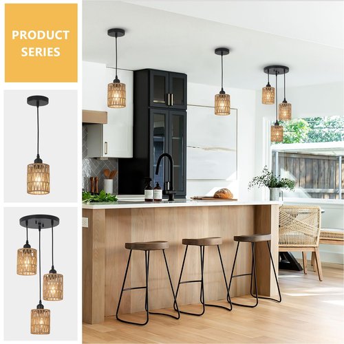 LAMSU 3 Pack Rattan Pendant Lights Kitchen Island, Farmhouse Pendant Lighting with Hand Woven Wicker Shade, Boho Chandelier Light Fixtures Ceiling Hanging for Dining Room Bedroom Foyer Hallway