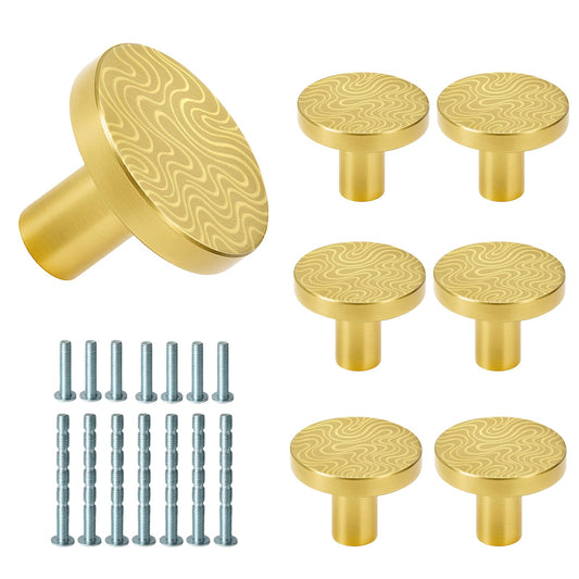 JKJOWPER 7-Pack 1 Inch Solid Brass Knobs - Round Brushed Gold Cabinet Knobs for Kitchen & Bathroom, Elegant Engraved Pattern, 2 Screw Sizes Included