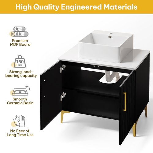 YITAHOME 30 Inch Bathroom Vanity with Vacuum Forming, Freestanding Storage Cabinet Vanity with Engineered White Stone Countertop, 2 Large Soft Closing Doors with Shelf, Gold Handles & Legs, Black