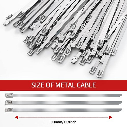 Metal Zip Ties 11.8 inch 100pcs 304Stainless steel Heavy duty Multi-purpose Self-locking Cable Ties Suitable for in machinery, vehicles, farms, pipes, roofs,cables, as well as Outdoor binding