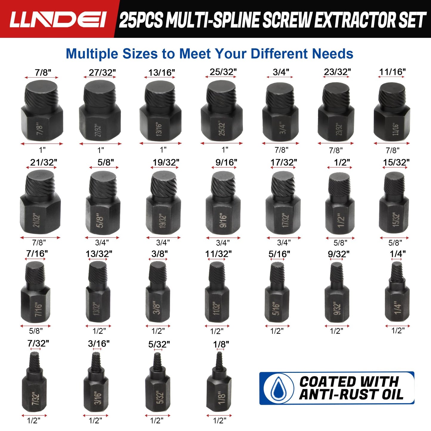 LLNDEI Screw Extractor Set Hex Head Multi-Spline Easy Out Bolt Extractor Set, EZ Out Rounded Screw Remover, 1/8 Inch to 7/8 Inch in 1/32-Inch Increments, CR-MO, 25 Pieces, Stripped Fastener Tool