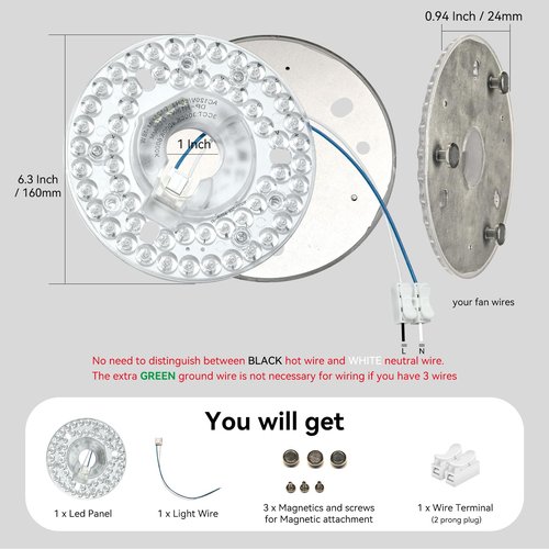 4.92" Ceiling Fan LED Light Replacement, LED Retrofit Light Kit for Ceiling Fan and Flush Mount Ceiling Light, 18W 3CCT 3000K 4000K 6000K 1500LM PCB Panel, Magnetic or Screw Easy Installation