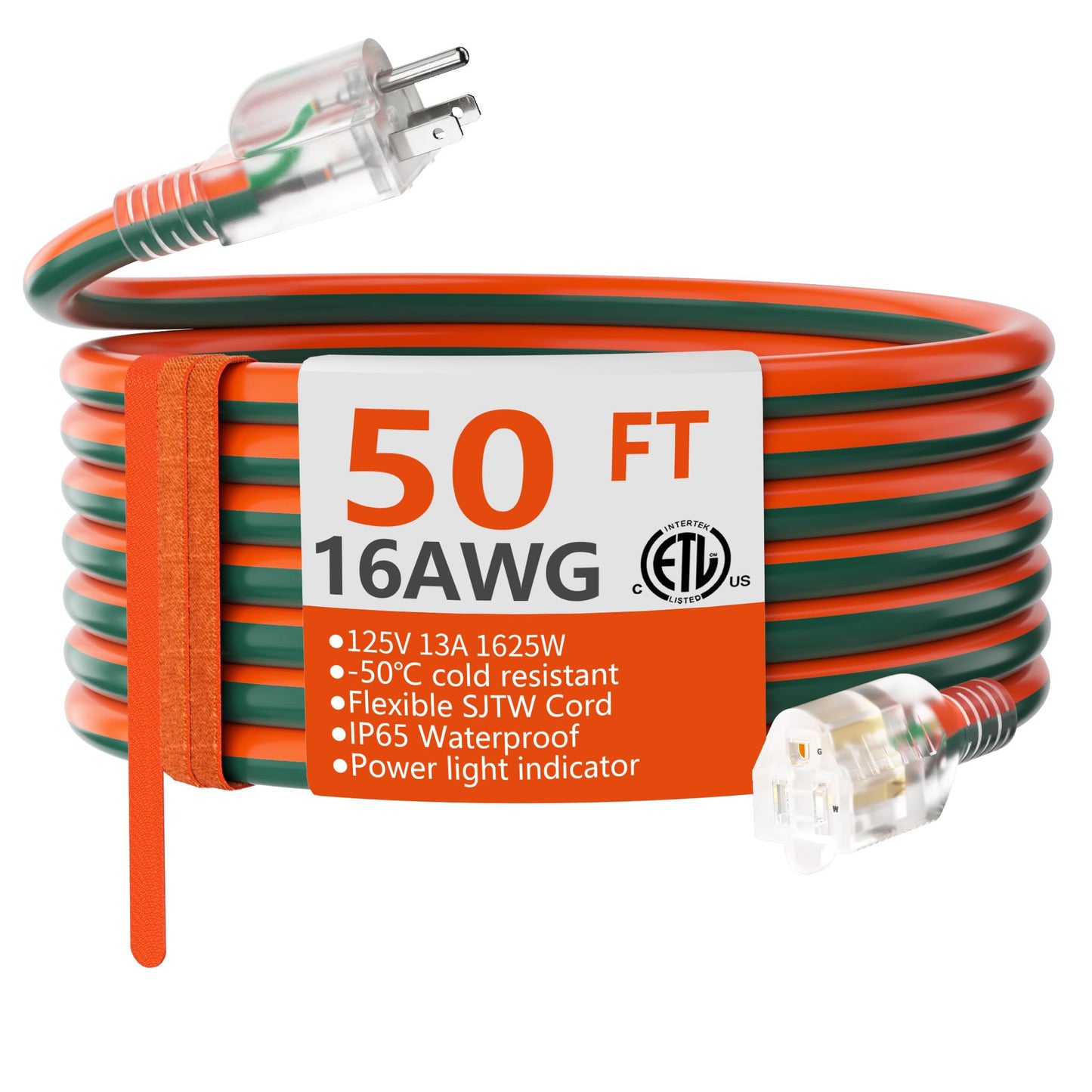 HUANCHAIN 16 Gauge 50 ft Outdoor Extension Cord with Lighted End, Flexible Cold-Resistant 3 Prong Electric Cord Waterproof Outside, 13Amp 1625W 16AWG SJTW, Orange Green, ETL