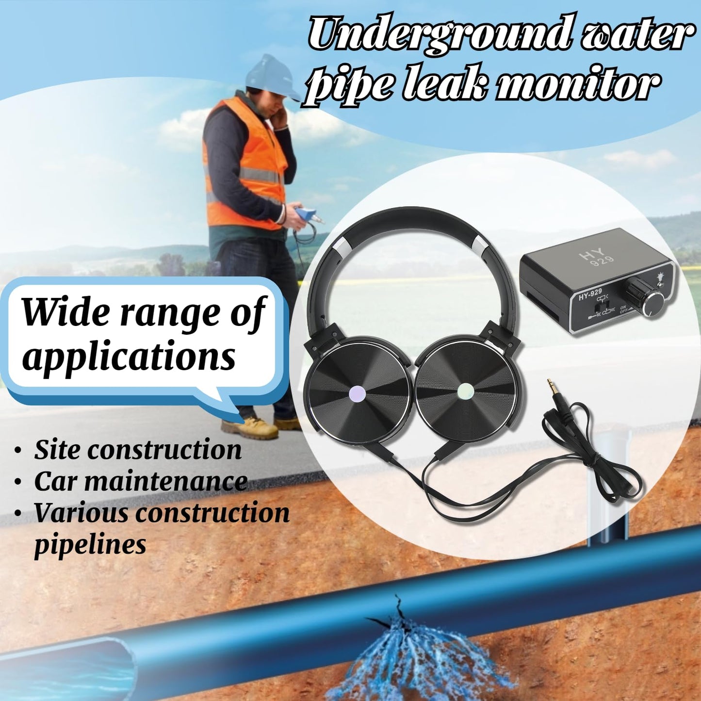 Water Leakage Detection, Underground Water Leak Detector, High Strength Sound Intensifier Water Pipe Leakage Monitor, Suitable for Site Construction, Car Maintenance