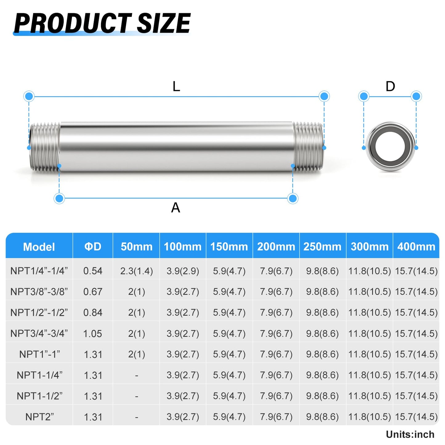 TAILONZ PNEUMATIC 3/4" NPT Male x 3/4" NPT Male 304 Stainless Steel Pipe Nipple, 16" Length Cast Pipe Fitting, Threaded Connector（Pack of 3）