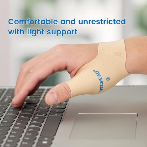 Velpeau Thumb Compression Sleeve for Tendonitis (Pack of 2), Seamless Technology, Gloves Wraps for Arthritis Pain Relief for Women & Men, Splint Liner, Fits Both Hands (Khaki, Short Version, M)