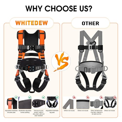 WHITEDEW Fall Protection Premium Safety Harness with Shock Absorbing Lanyard, Vented & Padded Shoulder, Legs & Back - Upgrade 4 Quick Buckles (Orange)