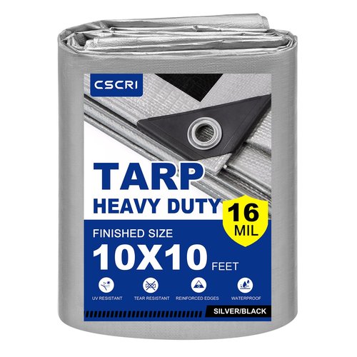 16Mil Finished Size 10x10 Tarp Heavy Duty Waterproof, Large Outdoor Multipurpose Protective Cover (Silver/Black)