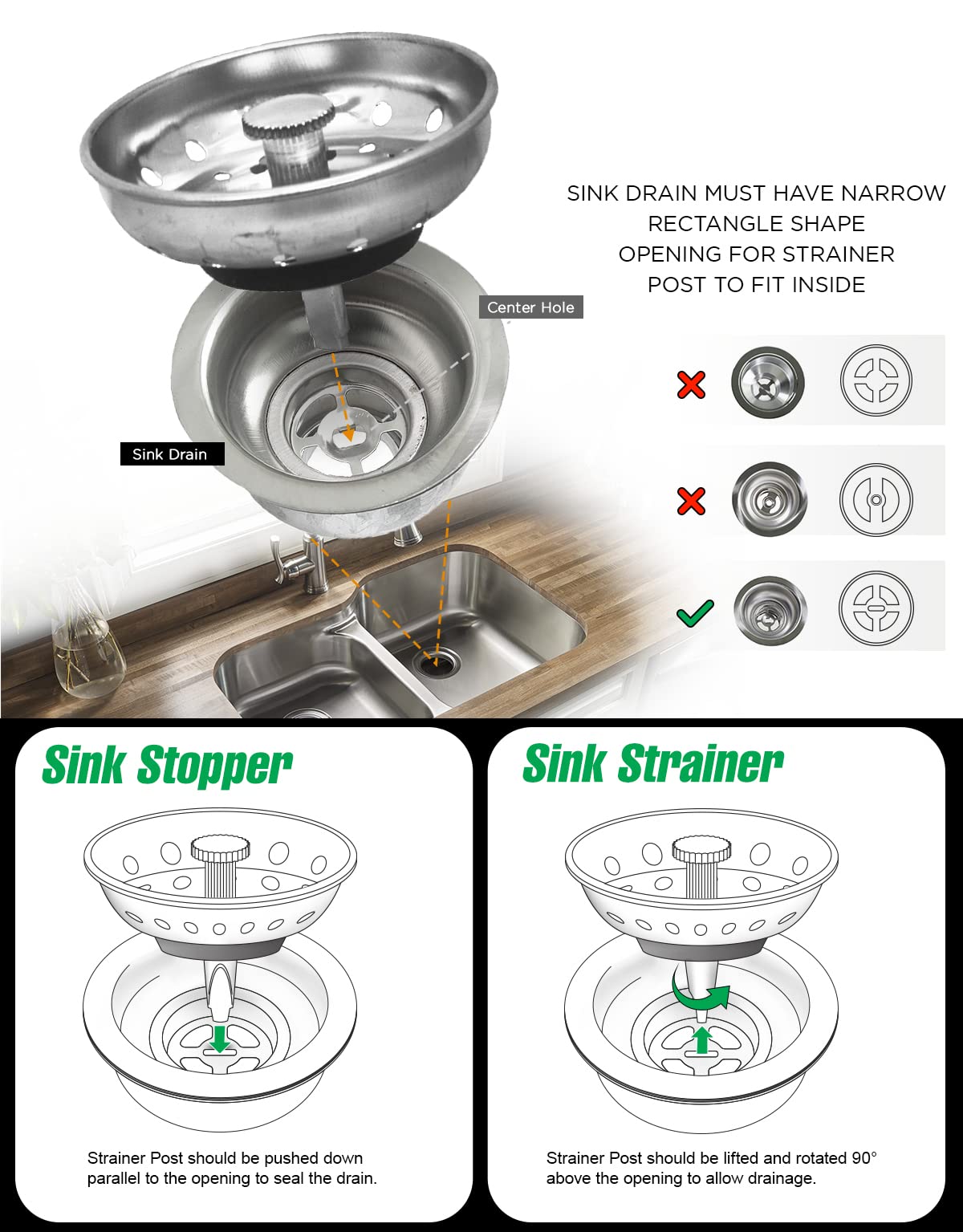 Highcraft 97333O Kitchen Sink Basket Strainer Replacement for Standard Drains (3-1/2 Inch) Chrome Plated Stainless Steel Body with Rubber Stopper, Single