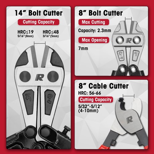 RIZOM 3-Piece Bolt Cutter Pliers Set, 14" Heavy Duty Bolt Cutter, 8" Mini Bolt Cutter, 8" Wire Cable Cutter with Carrying Bag, Cr-V Blade for Cutting Locks, Steel Wire, Barbed Wire, Chains