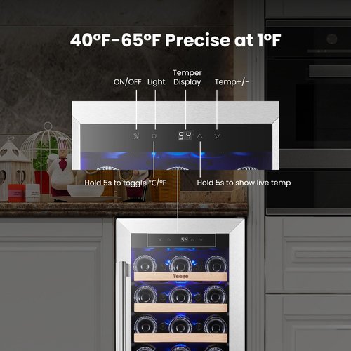 Yeego Wine Fridge - 15 inch 33 Bottles 40-65℉ Temperature Touch Control, Built-In/Under Counter/Freestanding Wine Cooler Refrigerator with Glass Door, Perfect for Bar, Home, Kitchen Cabinet, Office