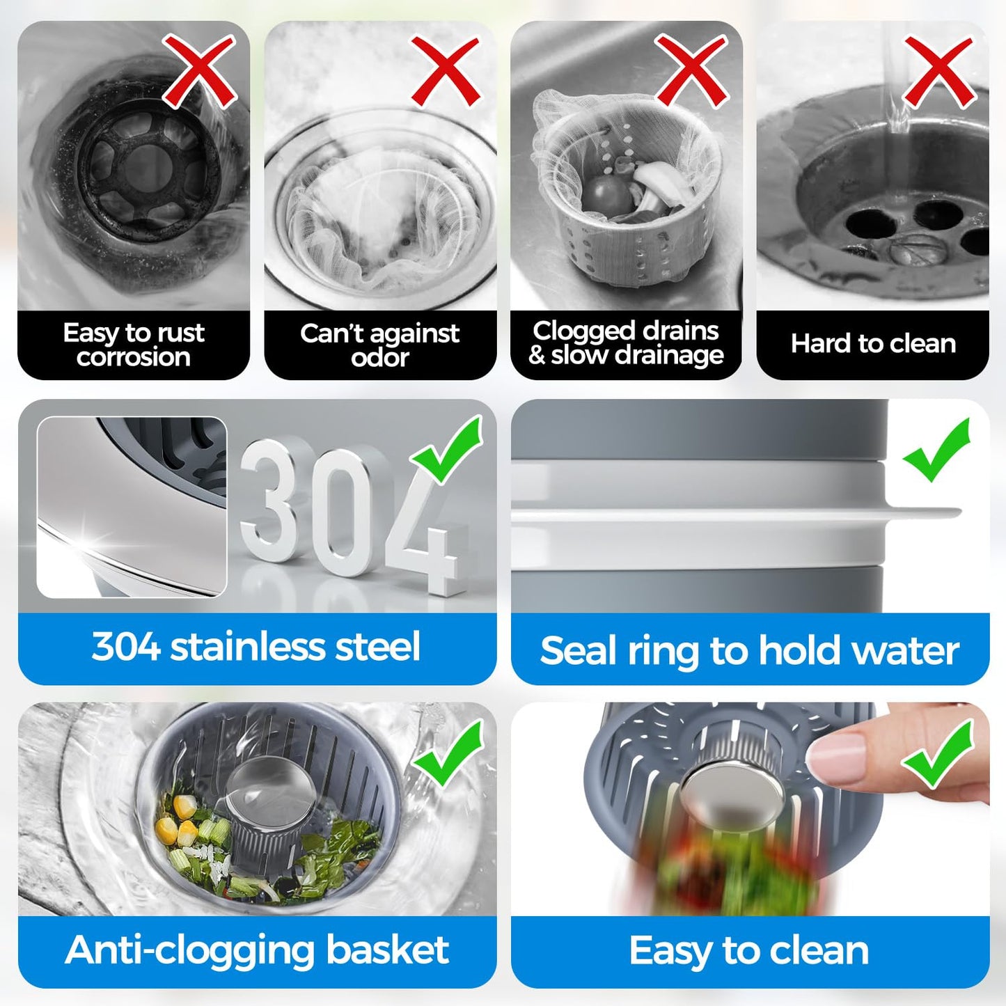 zaa 2 Pack Sink Drain Strainer, Sink Stopper, 3 in 1 Stainless Steel Kitchen Sink Drain Strainer with Anti-Clogging Basket, Fit US Standard 3-1/2 Inch Drain Hole