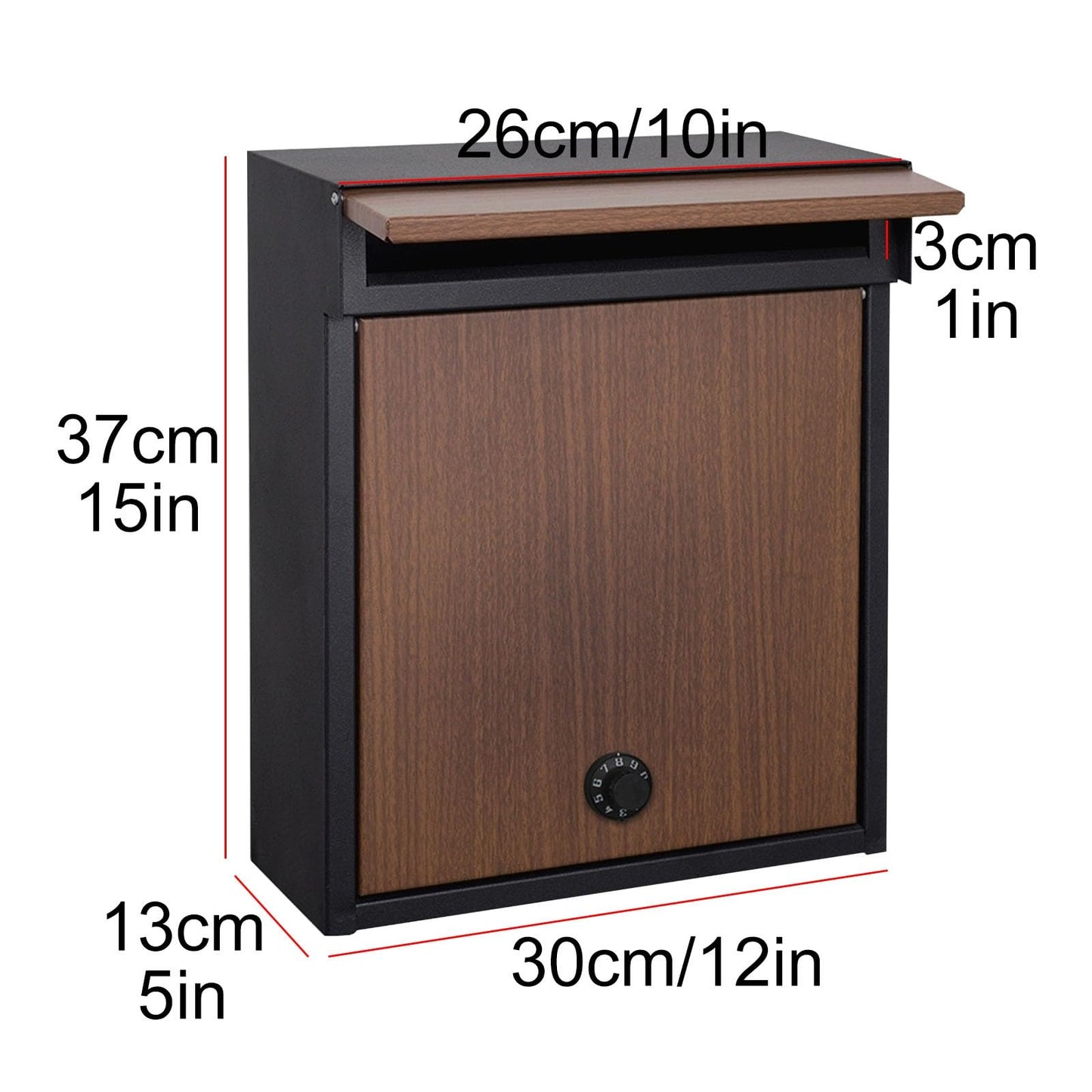 WAMJ AQDY Locking Mailbox Wall Mount, Outdoor Mailbox, with Combination Lock, Large Metal with Wood Grain Door, 12 × 5 × 15 in(Brown)