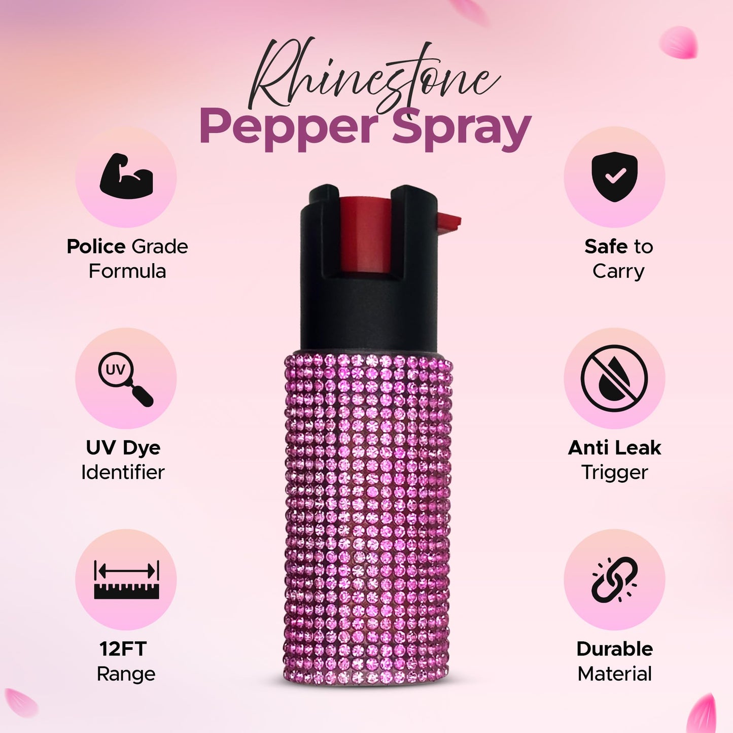 FURY Rhinestone Pepper Spray, 12ft Range, UV Dye Identifier, Police Strength, Made in USA, Stylish Multicolor, Self Defense, Everyday Safety, Slide Top (Pink)