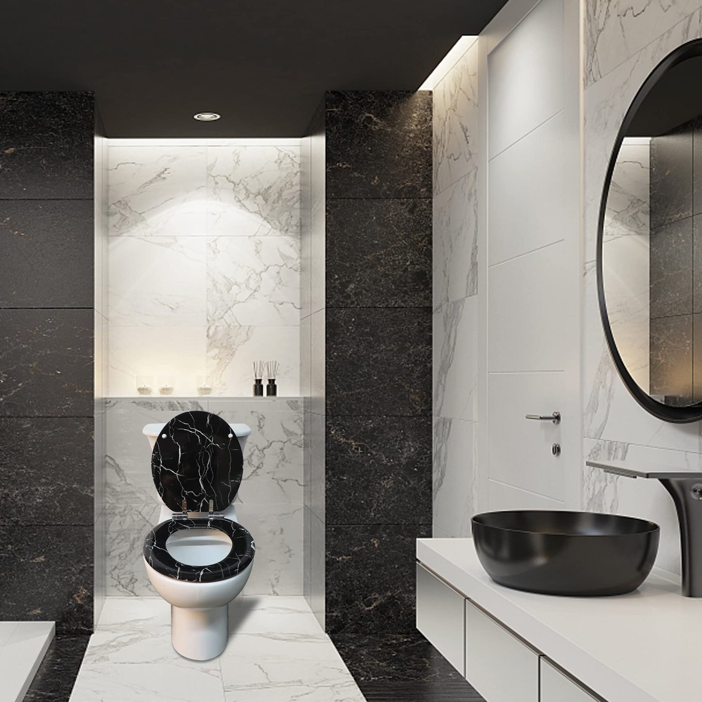 Angel Shield Marble Toilet Seat Durable Molded Wood with Quiet Close,Easy Clean，Quick-Release Hinges (Elongated,Black Marble)