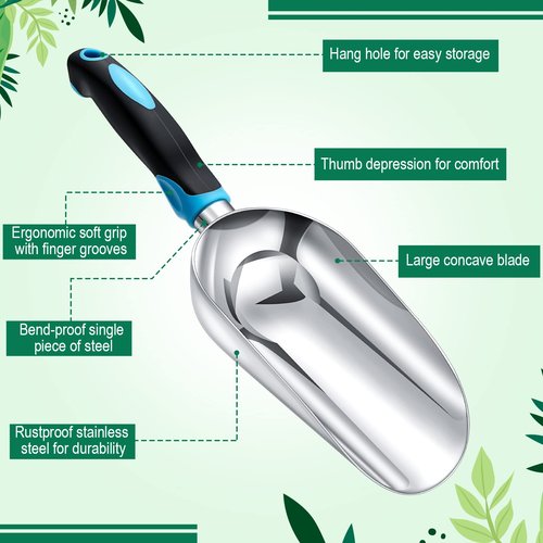 2 Pcs Soil Scoop 13.39 x 3.82 Inch Aluminum Transplanter Trowel Bend Proof Garden Tools Large Heavy Duty Hand Shovel with Comfort Soft Non Slip Grip Handle Garden Gifts for Digging Fertilizer (Blue)