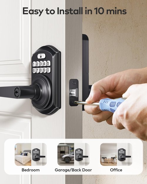 TEEHO TE004 Keyless Entry Keypad Door Lock with Handle - Front Digital Door Electronic Deadbolt with Anti-Peeping, Auto Lock & Passage Mode - Easy Installation - Matte Black