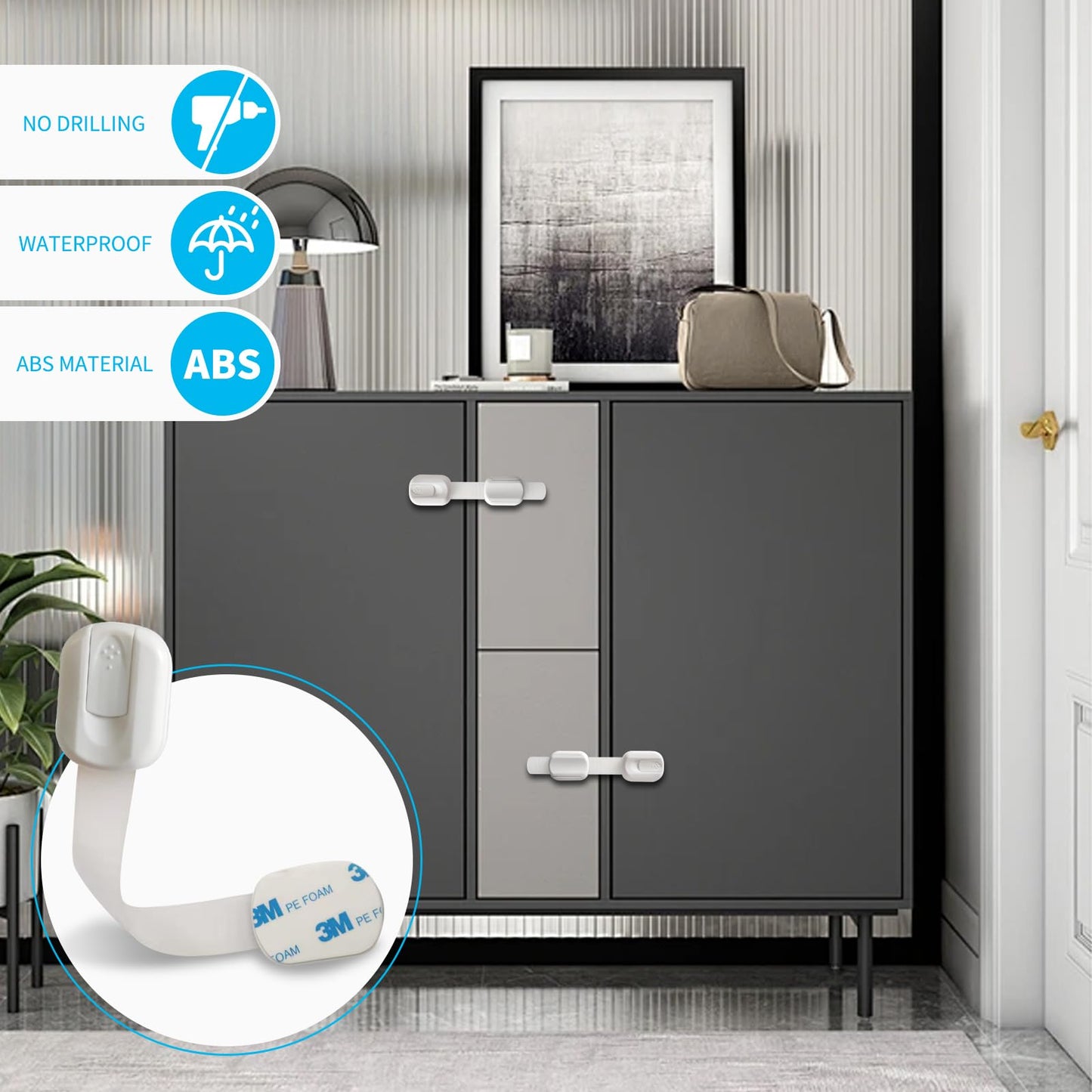 Child Safety Cabinet Locks, 8-Pack, Easy Install with 3M Adhesive, No Screws or Drilling, Multi-Purpose Latches for Cabinets, Drawers, Doors, Kitchen, Ovens, Toilets