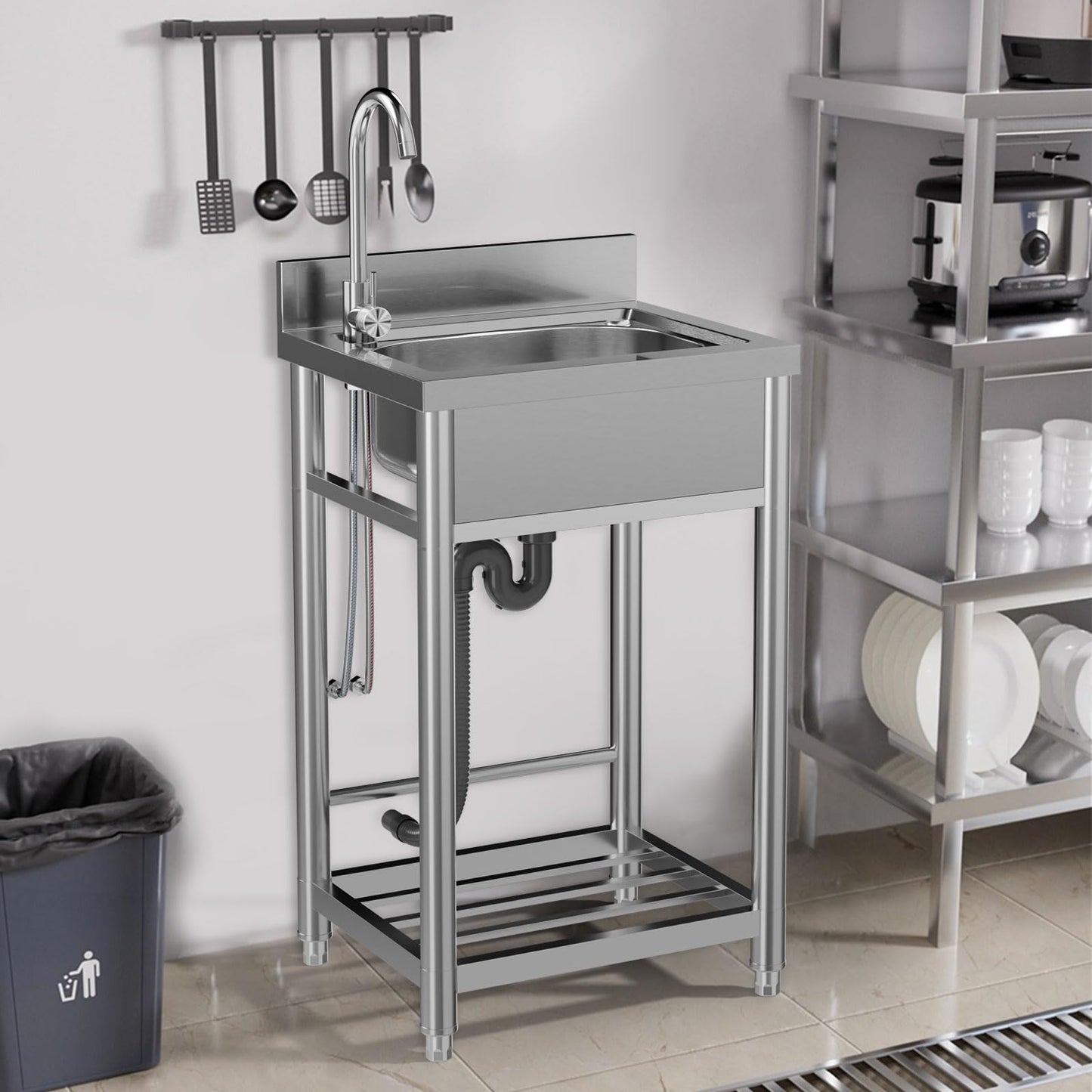 Percince Stainless Steel Utility Sink - 22in, Freestanding Single Bowl Laundry Sink with Cabinet and Cold/Hot Water Pipe, Utility Sink for Laundry Room, Garage Indoor and Outdoor (22inch)