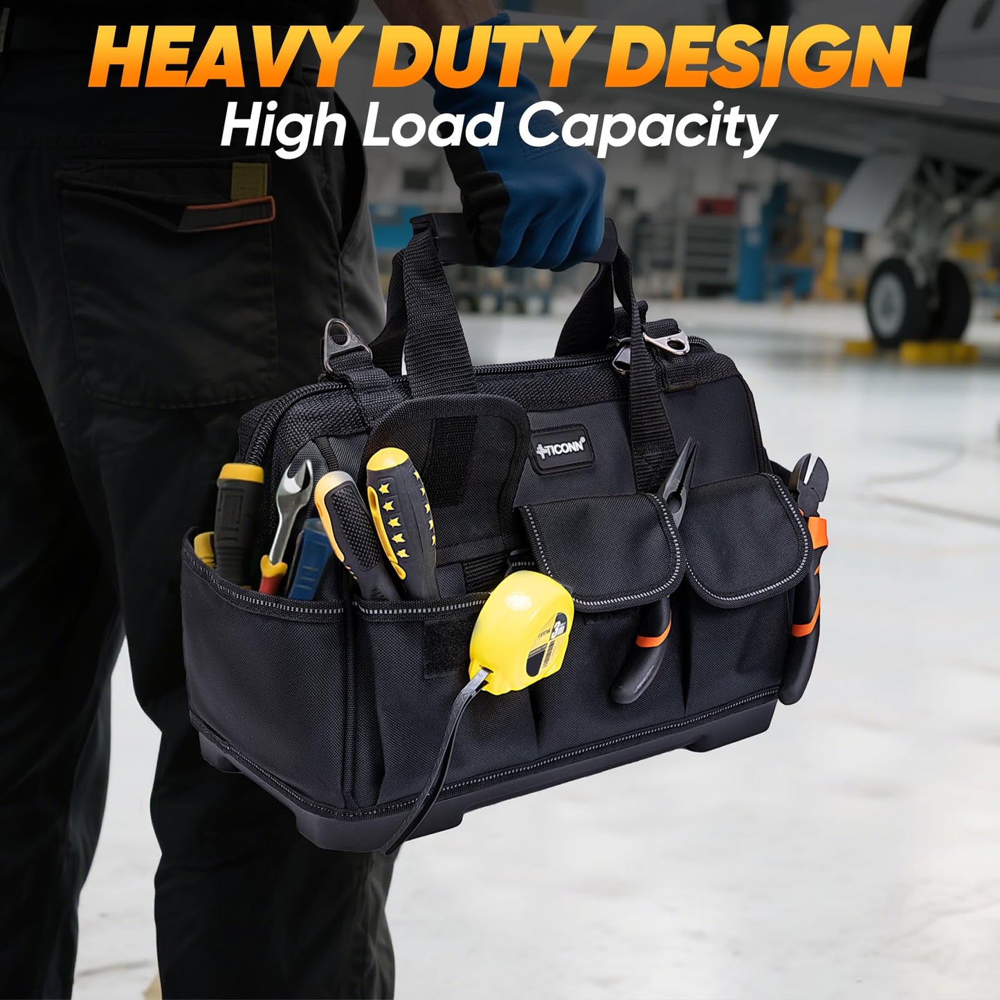 TICONN Heavy Duty Tool Bag with Multi-Pockets, Portable Tool Box Organizer Storage Bag, with Adjustable Shoulder Strap and Ergonomic Handle (Black, 16" Molded Base)