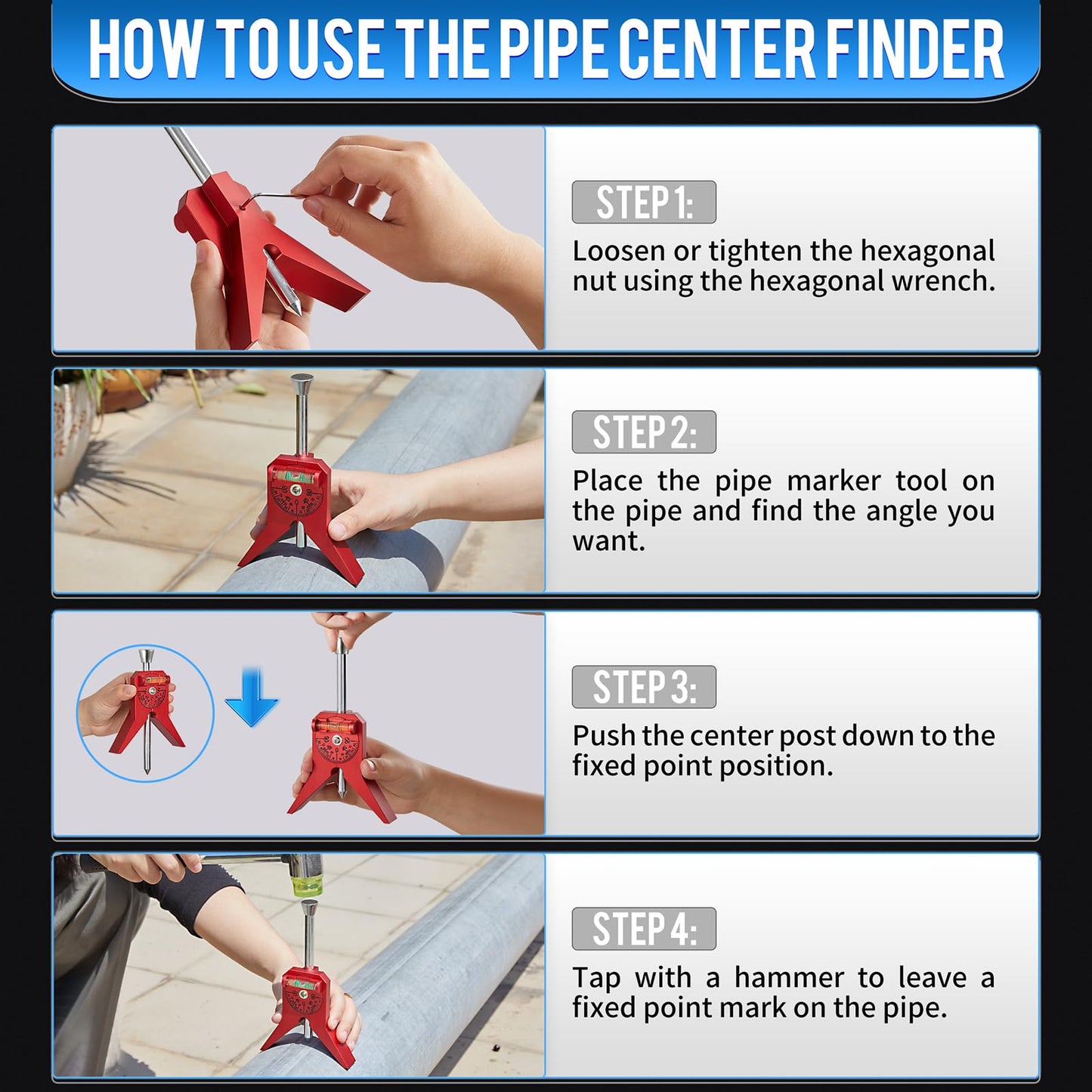 Yoopin Pipe Center Finder, Magnetic Centering Head Tool to Measure Pipe Diameter 0.5" to 4", Y-Shape Design with Adjustable Dial Bubble Protractor for Pipefitters & Plumbers（red）