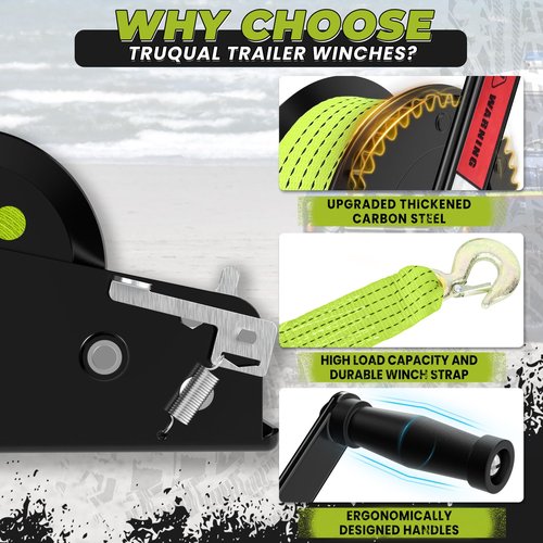 Truqual 3500LB Boat Trailer Winch, Heavy-Duty Trailer Winch with 33-ft Green Strap. Features 2-Speed Ratchet 4:1/8:1, Ideal for Loading Boats, Trucks,Jet Skis, RVs & ATVs