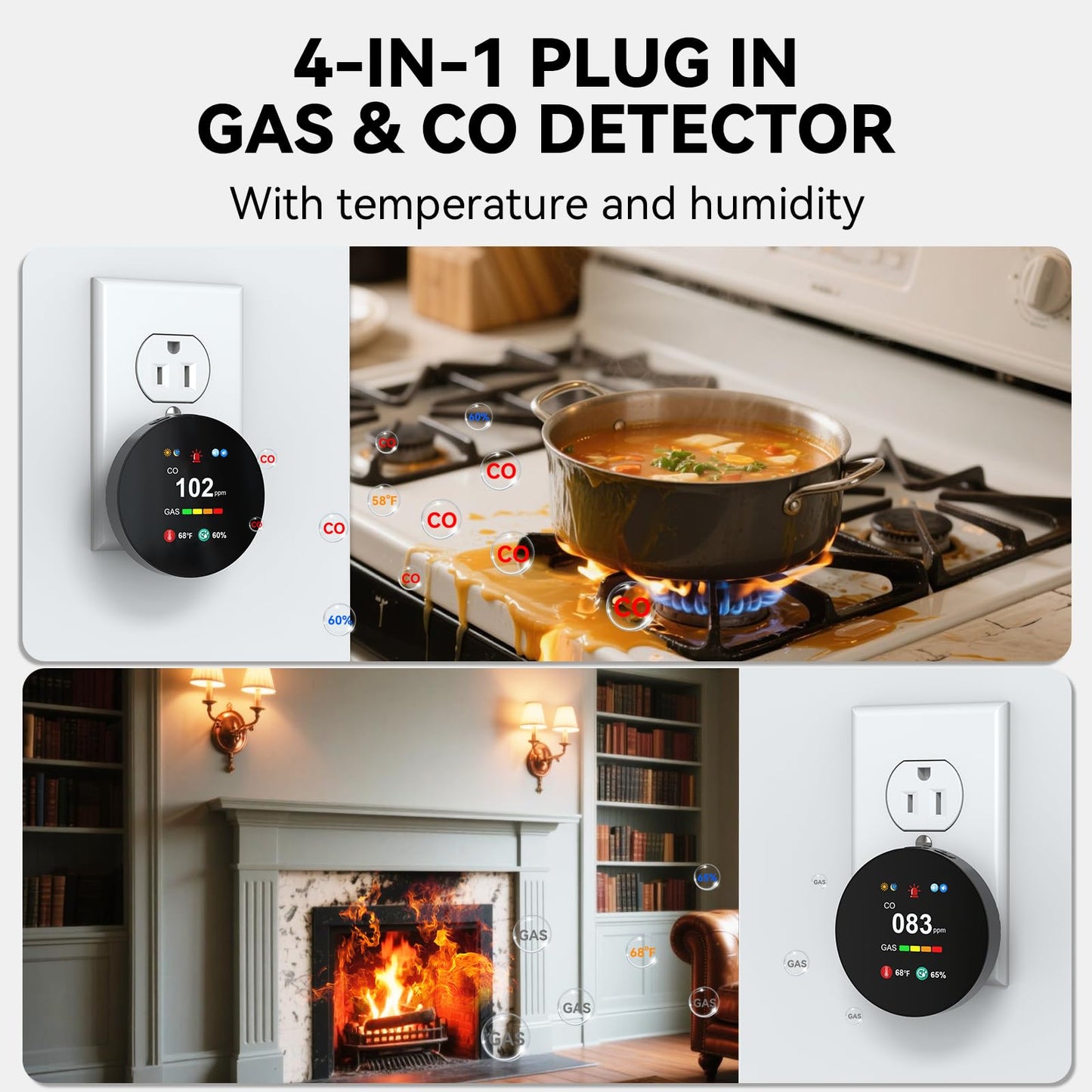 4-in-1 Detector with HD & Color LCD Screen – Keep Your Home Safe, Real-Time Monitoring for Home, Apartment, Hotel, Camping, and RV - 3 Pack, Black