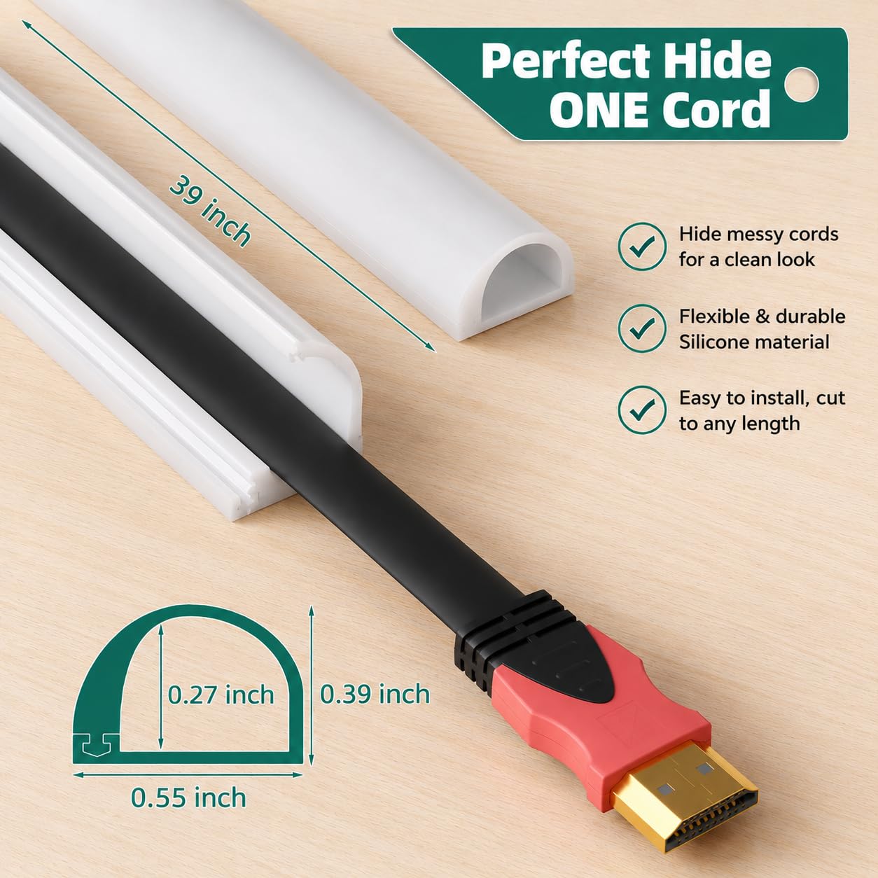 Cord Hider Raceway Kit, 39 inch Wall Cable Hider for 1 Cable, Silicone Material Hiding Wall Mount TV Powers Cords in Home Office, W0.59 H0.39in White