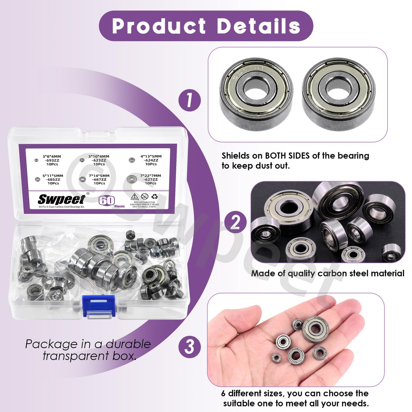 Swpeet 60Pcs 6 Sizes 693ZZ, 623ZZ, 624ZZ, 685ZZ, 687ZZ,627ZZ Ball Bearings Assortment Kit, Carbon Steel Deep Groove Bearings, Double Shielded Bearings, Small Bearing
