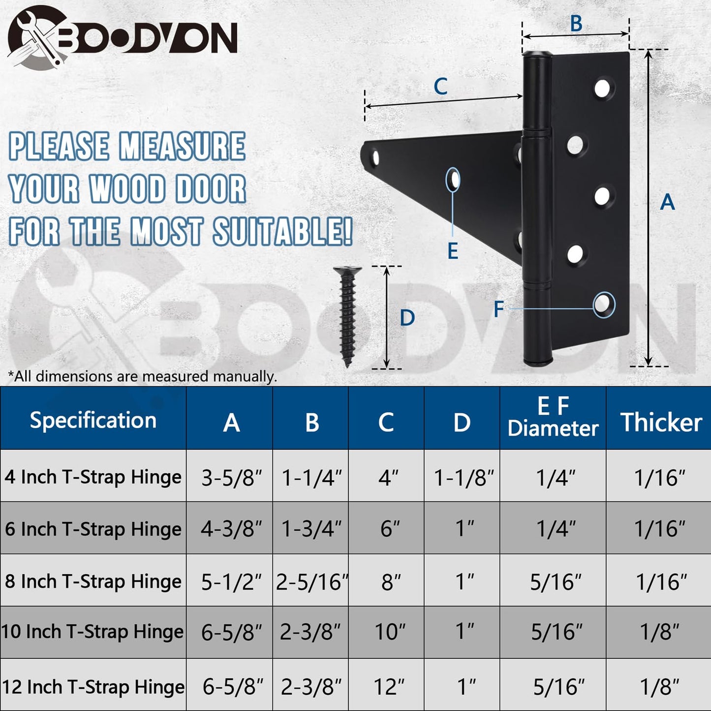 BOODVON 8 Inch T-Strap Gate Hinges, Shed Barn Door Hinges Heavy Duty, Black Tee Hinges for Wooden Fences, Yard Gate, Wrought Hardware Iron Rustproof (2Pack/Set)