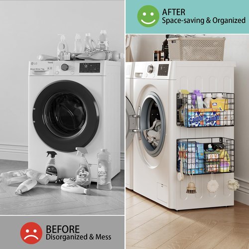 BOKIOVIN 1-Pack Magnetic Laundry Basket Organizer Storage,Magnetic Shelves for Washer Dryer Organizer,Hanging Laundry Basket for Washing Machine(Black)