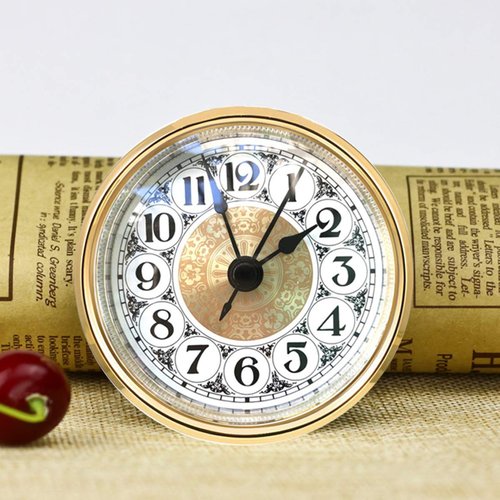 HILLHOME Mini Quartz Clock Insert 2.8 Inch (70 mm) Round Quartz Movement Miniature Clock White Dial Gold Trim Arabic Numerals, Fit 2.4 Inch (61 mm) Diameter Hole