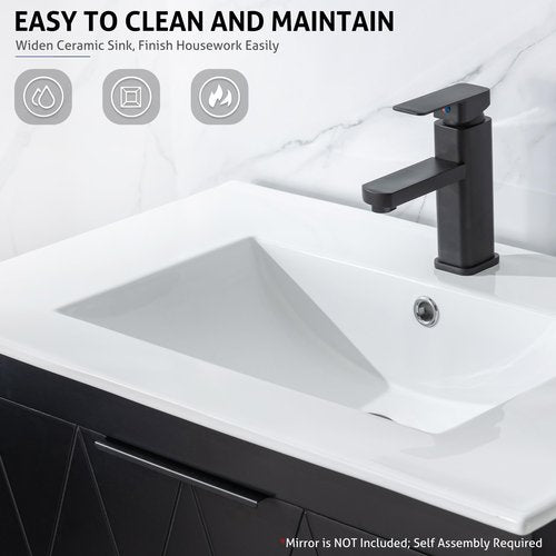 eclife 30" Bathroom Vanities Cabinet with Sink Combo, Wall Mounted Floating Cabinet W/Decor Line, Soft-Close System, 2 Extra Big Drawers, Matte Black Faucet, Black