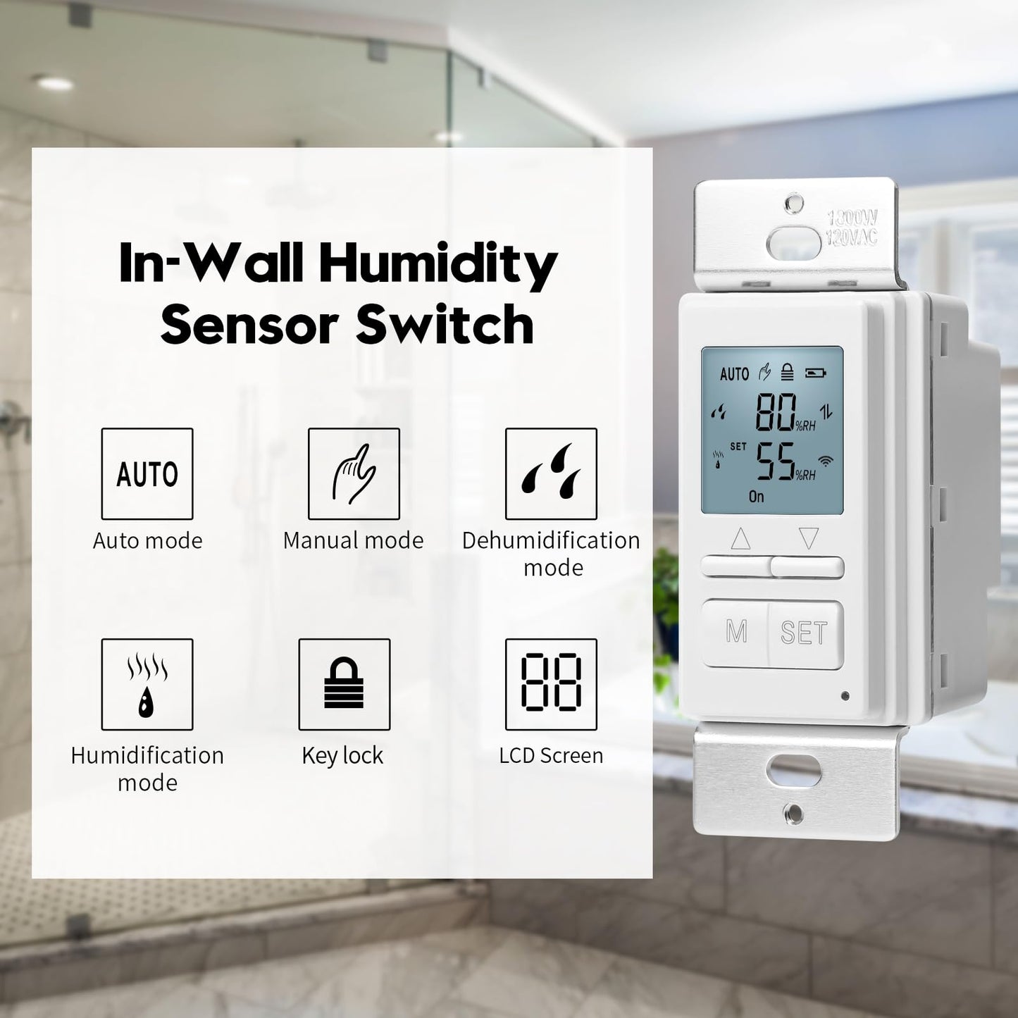 Ortis New 2024! Humidity Sensor Switch, in-Wall Bathroom Fan Automated Control Switch, Separate Sensor for Better Moisture Detection, 328ft Range, 110/220V, Keep Your Room Dry