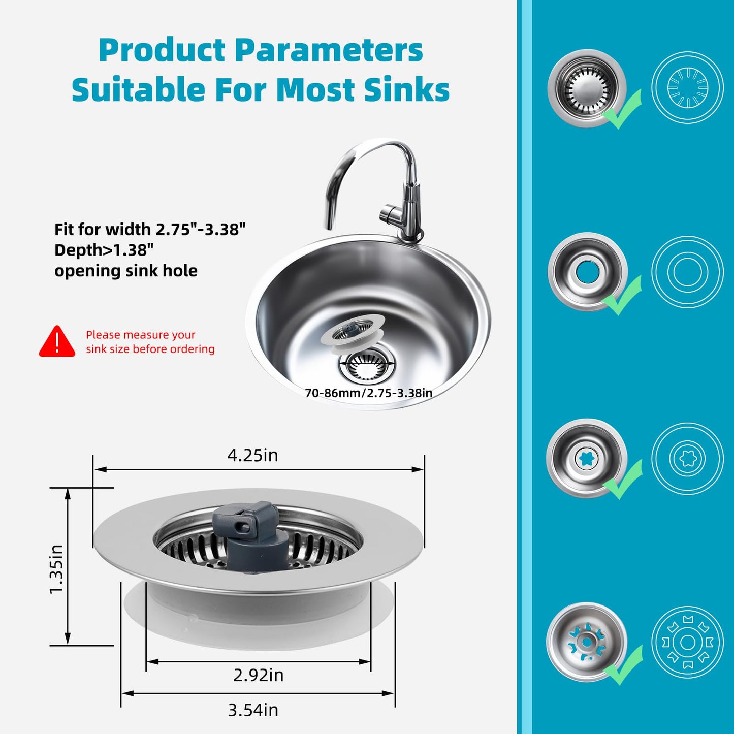 Hibbent 2 Pack 3 in 1 Kitchen Sink Drain Strainer, Stainless Steel Wrapped Shell Drain Stopper Combo, Pop Up Sink Stopper, Anti-Clogging Strainer with Foldable Handle for US Standard 3-1/2" Drain
