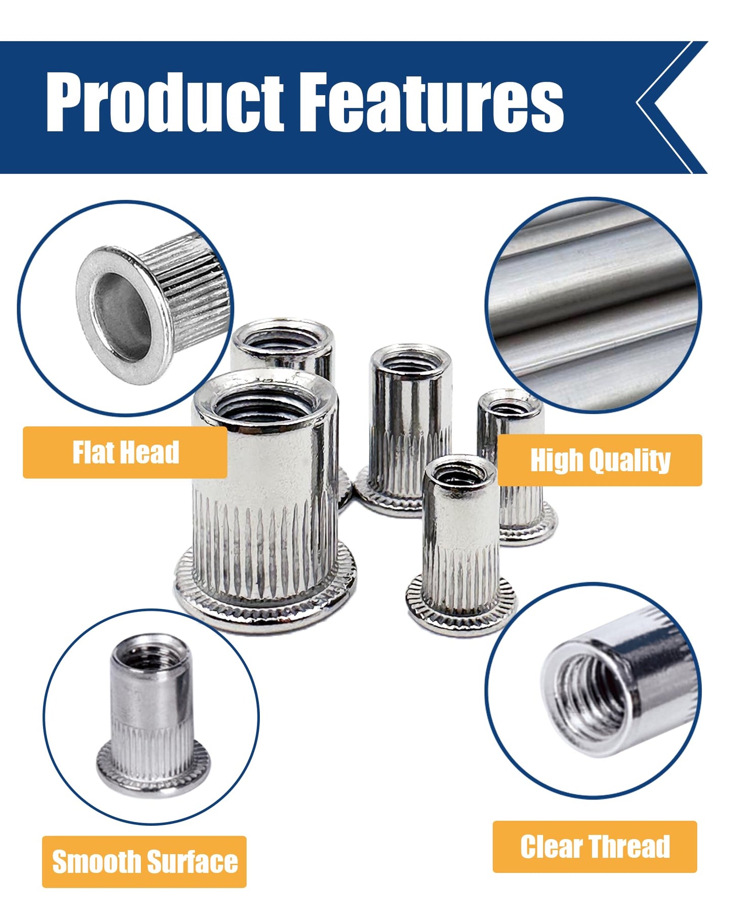 SAE Rivet Nut Assortment Kit 505Pcs 6-32 8-32 10-24,1/4-20, 3/8-16, 5/16-18,1/2-13 304 Stainless Steel Flat Head Threaded Rivet Insert Rivet Nuts