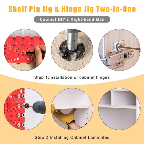 Shelf Pin Jig and Hinge Jig Two-in-One,1/4 Inch and 5mm Shelf Pin Drilling Jig,Self contained Clamping Function Shelf Jig and Cabinet Hardware Jig Tool Drill Guide， shelf pin jig drill guide template