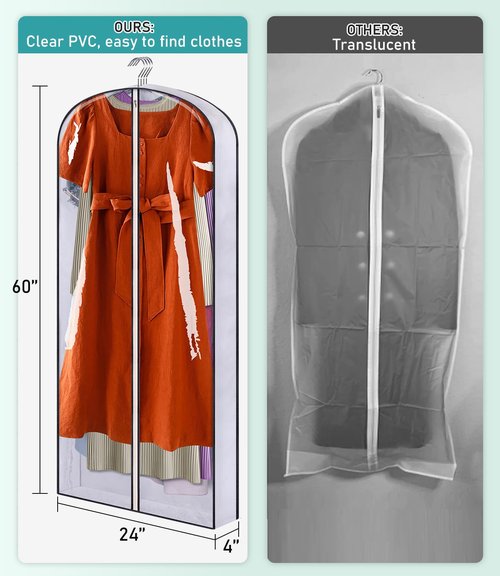 SLEEPING LAMB 60" Long Hanging Garment Bags for Closet Storage Gusseted Clear Dress Bag for Clothes, Gowns, Coats, Suits, 5 Packs
