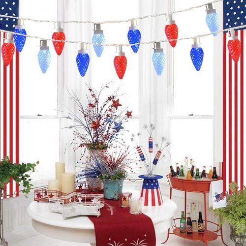 Fonusty Red White and Blue Lights 25Ft C9 Strawberry Christmas Lights 25 LED Bulb 4th of July Light Plug in Patriotic Light for Indoor Outdoor Patio Home Independence Day Memorial Day Christmas Decor