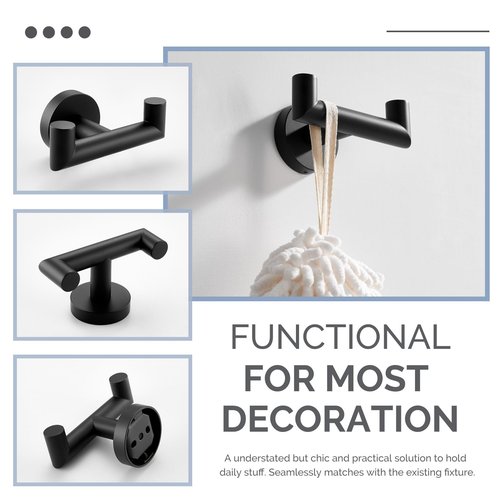 Angle Simple Double Towel Hook, Stainless Steel Bathroom Hand Towel Holder, Coat Hook for Wall, Matte Black