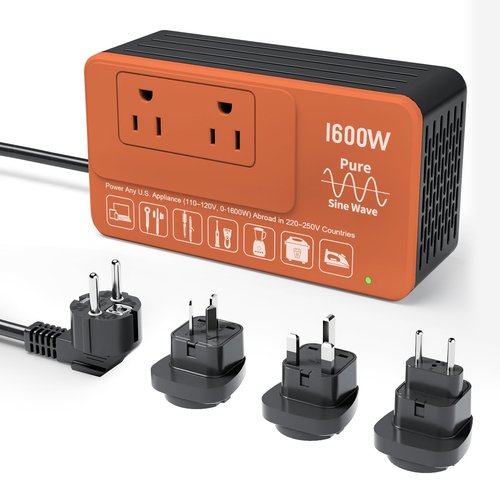 1600W Voltage Converter 220V to 110V, Pure Sine Wave - Power Any American Appliance Overseas, No Limitations, Surge Protection, Plug Adapters C, G, I, E/F for US to Europe, Asia Over 160 Countries