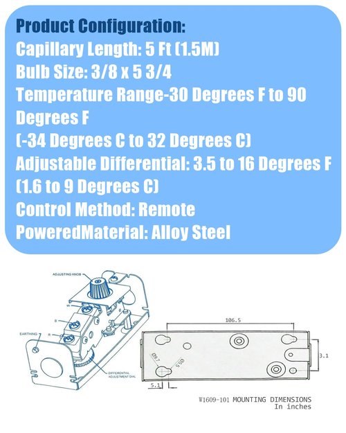 Refrigeration Temperature Bulb Remote Thermostat Controller, Temperature Controller Replace W1609-101 TH-1609, Control from -30 Degrees F to 90 Degrees F, 5 Ft Capillary
