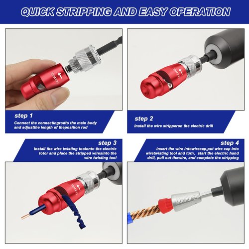 Wire Stripper for AWG,14-12-10-8 Gauge Wire Twister Tool for Drill，Cable Quick Stripping & Wire Twisting Connector Set and 5pcs Wire Connectors Nuts