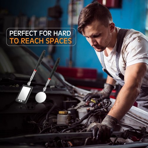 Frienda 2 Pieces Lighted Telescoping Inspection Mirror Flexible Retractable LED Automotive Extension Round Dental Mirror with Light Pickup Tools Valentine Birthday Gift for Men, Husband, Father