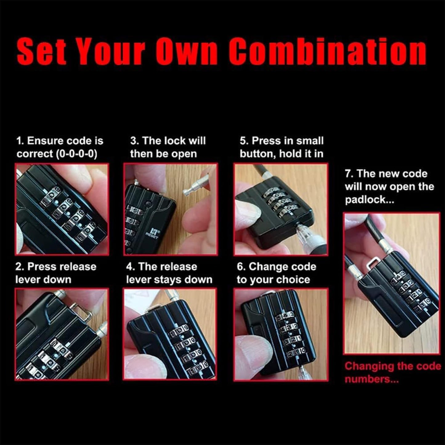 RESET-201 (2 Pack) 4 Digit Combination Padlock with 12 inch (30cm) Steel Cable,Cable Lock for Trash Can, Locker, Gym Locker, Luggage, Suitcase, Gun Case, Trigger,Helmet, 5mm Diameter, Black