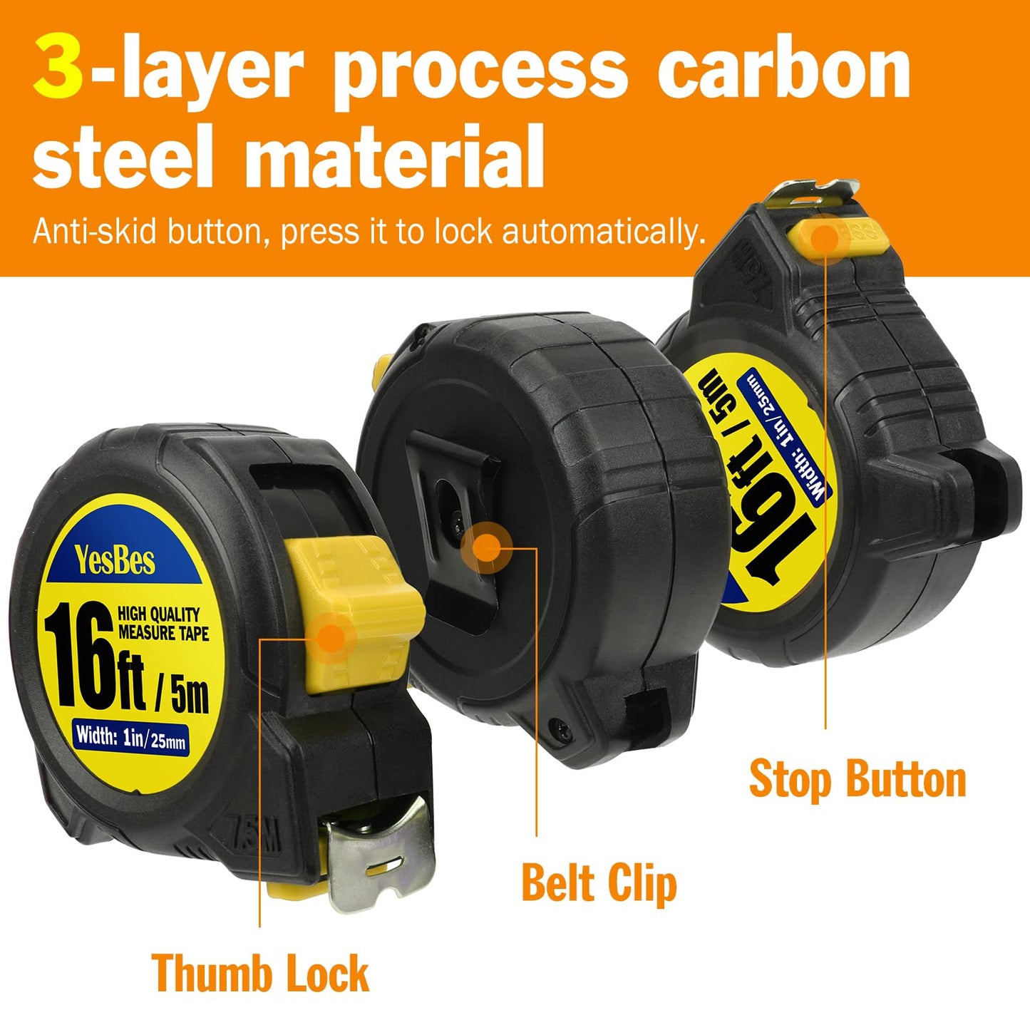 Tape Measure 16 ft, 2 Pack Easy Read Measurement Tape, Self-Locking Measuring Tape Retractable 1-Inch Wide x 16 ft
