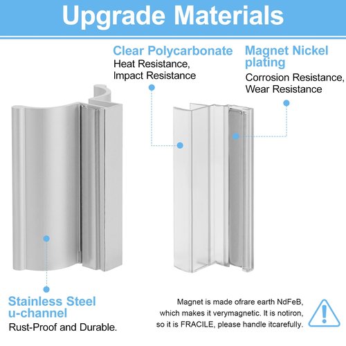 3-3/4-inch Aluminum Frameless Shower Door Handle with Metal Strike Plate and 3-inch Shower Door Magnet. Suitable for Glass Doors with thicknesses of 1/8 inch, 5/32 inch, 3/16 inch, and 1/4 inch.