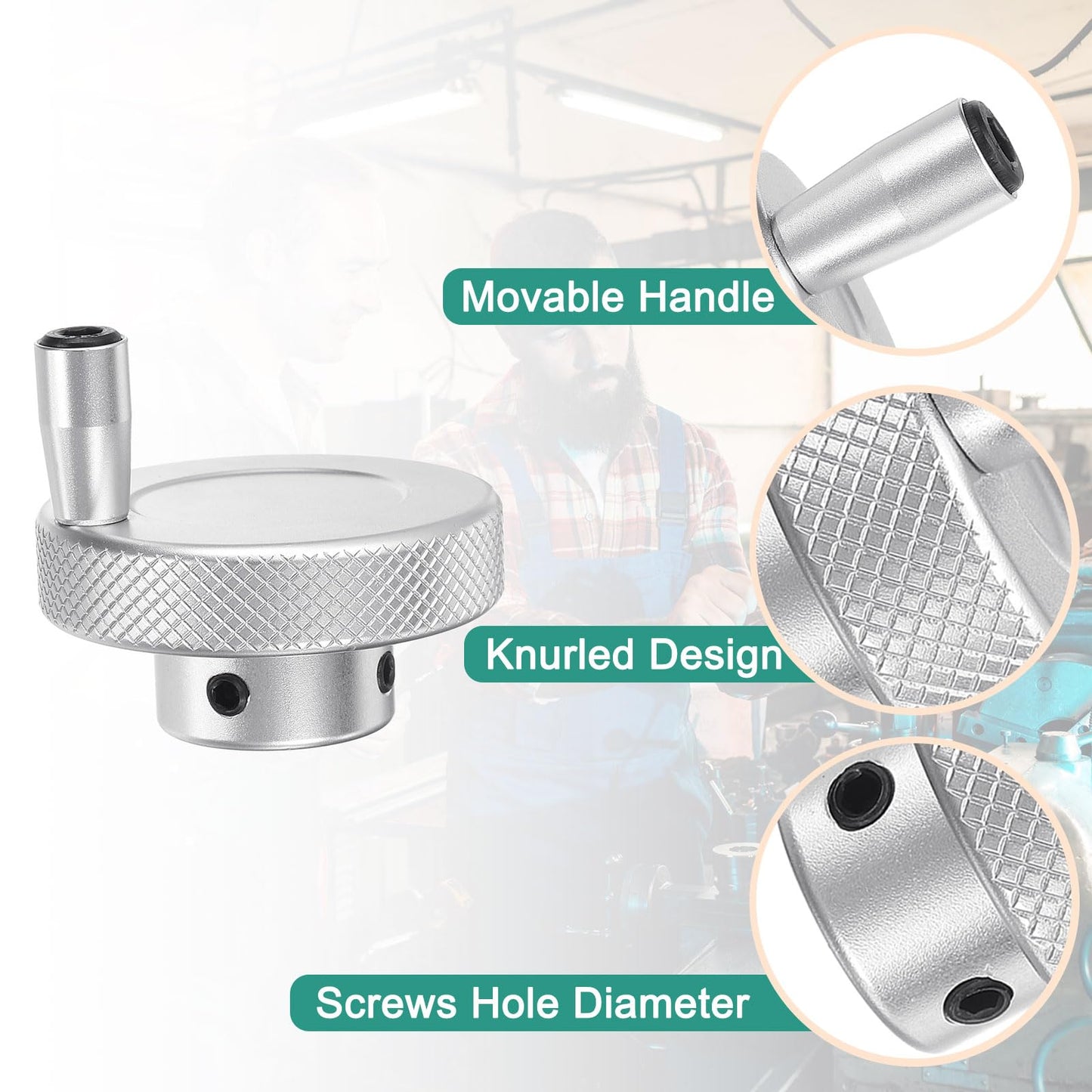 HARFINGTON Aluminum Alloy Handwheel 50mm OD 6mm Bore Lathe Hand Wheel with Rotate Handle Aluminum Milling Machine Handle with Wrench and 2pcs Screws for Milling Machine Lathe, Silver Tone