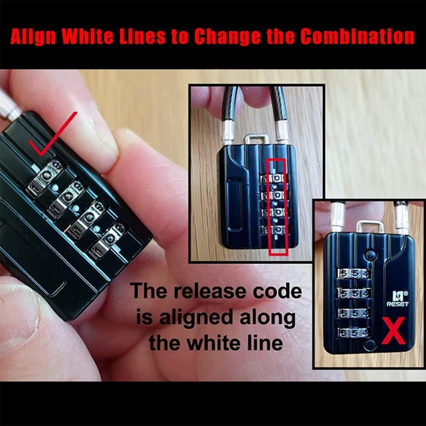 RESET-201 (2 Pack) 4 Digit Combination Padlock with 12 inch (30cm) Steel Cable,Cable Lock for Trash Can, Locker, Gym Locker, Luggage, Suitcase, Gun Case, Trigger,Helmet, 5mm Diameter, Black