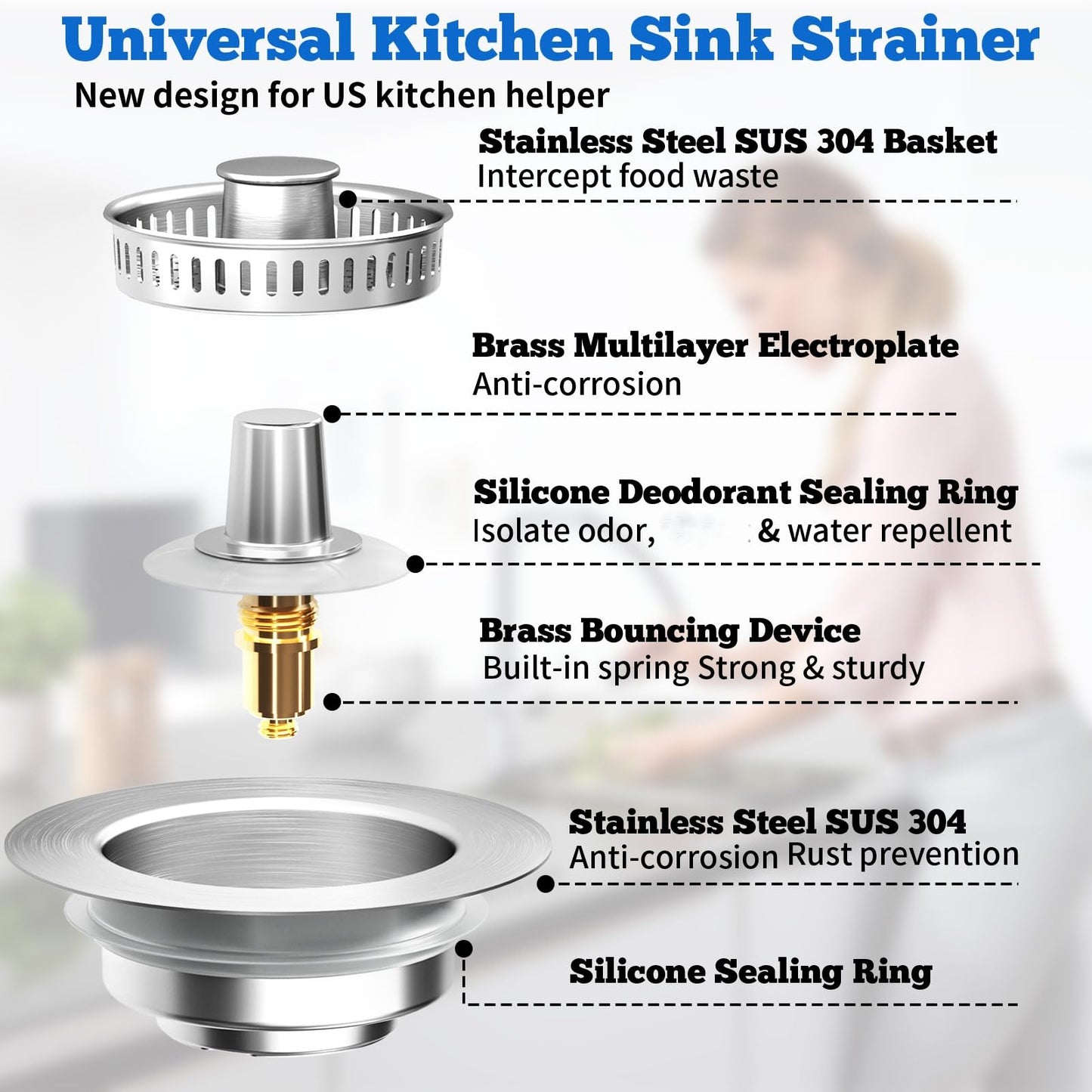 Upgraded 3 in 1 Kitchen Sink Drain Strainer Stopper, Brushed Stainless Steel SUS 304 Pop Up Sink Drain Stopper for Standard 3-1/2 Inch Drain Anti-Clogging Odor Prevention